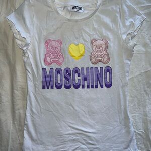 Moschino Kids White Graphic Tee with Purple Logo & Yellow Heart